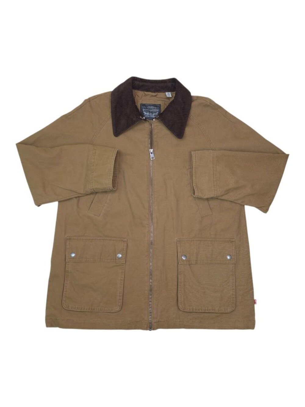 Levis Mens XL Brown Canvas Jacket With Corduroy Collar & Dual Front Pockets Zip